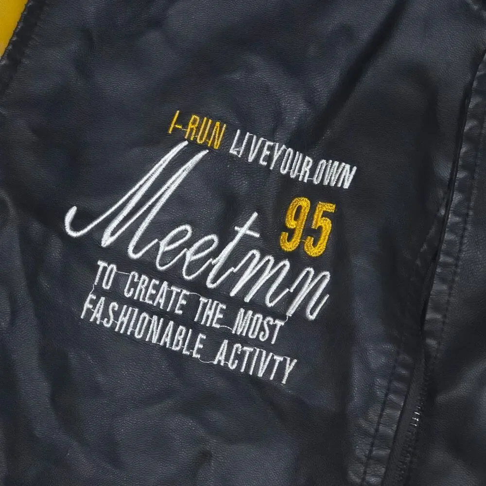 Vintage Style Faux Leather Varsity Jacket Yellow Black Bomber